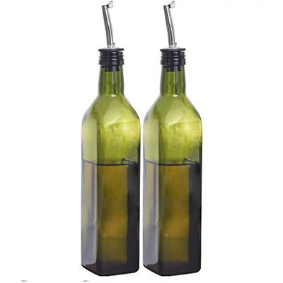 Glass Dark Green Kitchen Oil Bottle With Stainless Steel Spout Funnel Square 500ml 2pcs