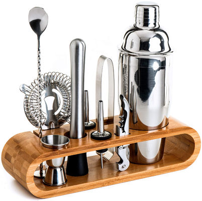Minimalist Design 10 in 1 Stainless Steel Cocktail Shaker Set with Wooden Stand 750ml