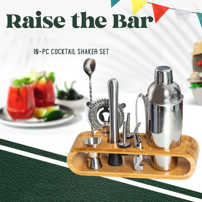 Minimalist Design 10 in 1 Stainless Steel Cocktail Shaker Set with Wooden Stand 750ml