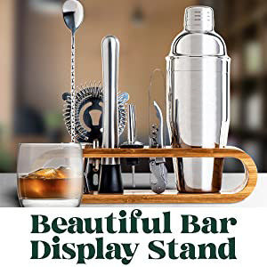 Minimalist Design 10 in 1 Stainless Steel Cocktail Shaker Set with Wooden Stand 750ml