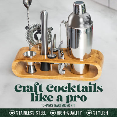 Minimalist Design 10 in 1 Stainless Steel Cocktail Shaker Set with Wooden Stand 750ml