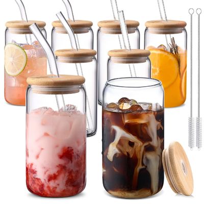 High Borosilicate Glass Mason Jar with Bamboo Lid and Straw 16oz Clear Glass Cups