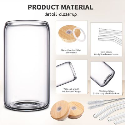 High Borosilicate Glass Mason Jar with Bamboo Lid and Straw 16oz Clear Glass Cups