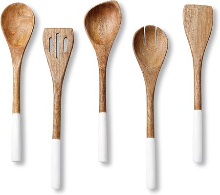 5-Piece Acacia Wood Kitchen Cooking Set Spoon Spatula Fork Slotted Turner Corner Spoon