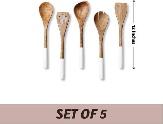 5-Piece Acacia Wood Kitchen Cooking Set Spoon Spatula Fork Slotted Turner Corner Spoon