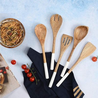 5-Piece Acacia Wood Kitchen Cooking Set Spoon Spatula Fork Slotted Turner Corner Spoon