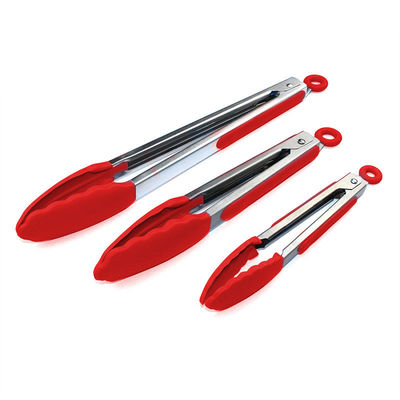 Red Silicone Clamp Stainless Steel Kitchen Grill Tongs for Outdoor Camping BBQ Buffet