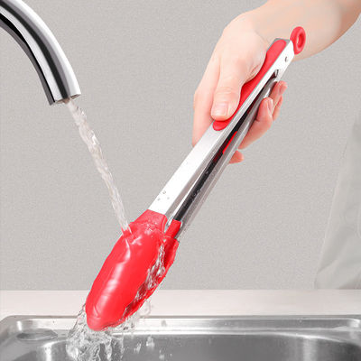 Red Silicone Clamp Stainless Steel Kitchen Grill Tongs for Outdoor Camping BBQ Buffet