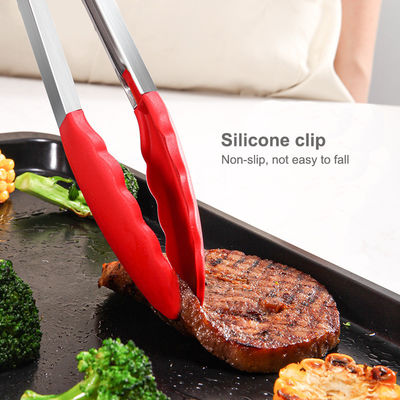 Red Silicone Clamp Stainless Steel Kitchen Grill Tongs for Outdoor Camping BBQ Buffet