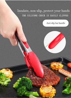 Red Silicone Clamp Stainless Steel Kitchen Grill Tongs for Outdoor Camping BBQ Buffet