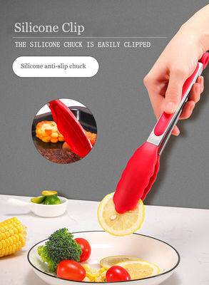 Red Silicone Clamp Stainless Steel Kitchen Grill Tongs for Outdoor Camping BBQ Buffet