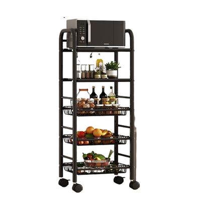 5-Layer Rotating Carbon Steel Trolley Kitchen Shelf with Square Structure and Wheels