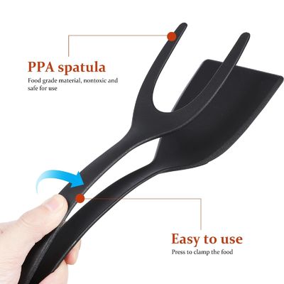 2 In 1 Spatula Tong for Cooking Tool Black Egg Flipper Tong Pancake Fish French Toast