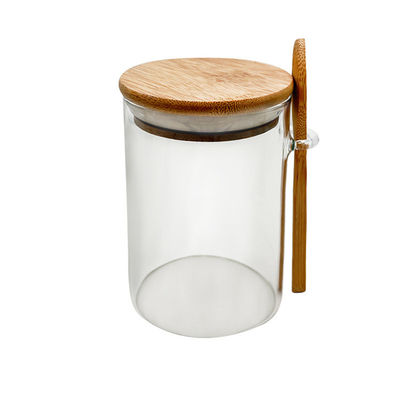Food Round Glass Bamboo Jars with Lid and Spoon Candy Spices Coffee Beans Nuts Cookies