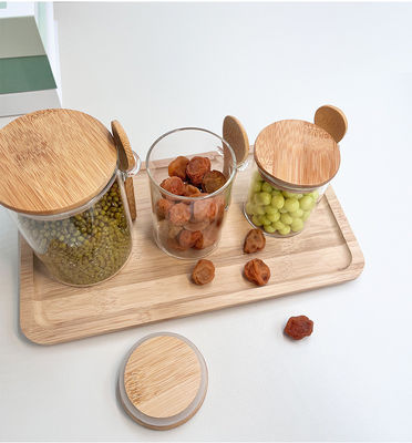Food Round Glass Bamboo Jars with Lid and Spoon Candy Spices Coffee Beans Nuts Cookies
