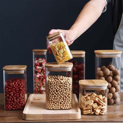 Modern Design Food Storage Container with Bamboo Wood Lid 300ml 500ml Spice Glass Jar