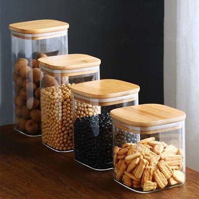 Modern Design Food Storage Container with Bamboo Wood Lid 300ml 500ml Spice Glass Jar