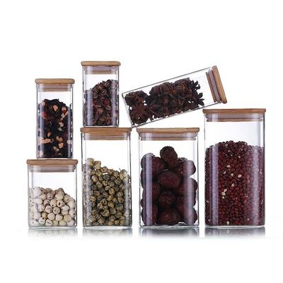 Modern Design Food Storage Container with Bamboo Wood Lid 300ml 500ml Spice Glass Jar