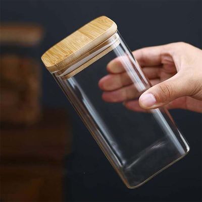 Modern Design Food Storage Container with Bamboo Wood Lid 300ml 500ml Spice Glass Jar