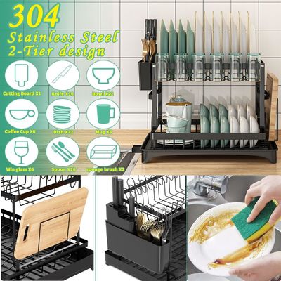 Kitchen Dish Drying Rack with Drainboard 2-layer Foldable Tableware