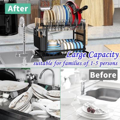 Kitchen Dish Drying Rack with Drainboard 2-layer Foldable Tableware