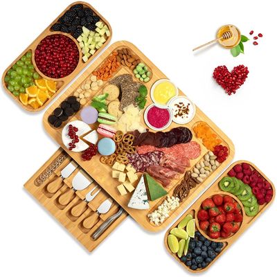 Round Bamboo Cheese Board and Charcuterie Board with Knife Set Pizza Tools Stocked