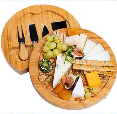 Round Bamboo Cheese Board and Charcuterie Board with Knife Set Pizza Tools Stocked