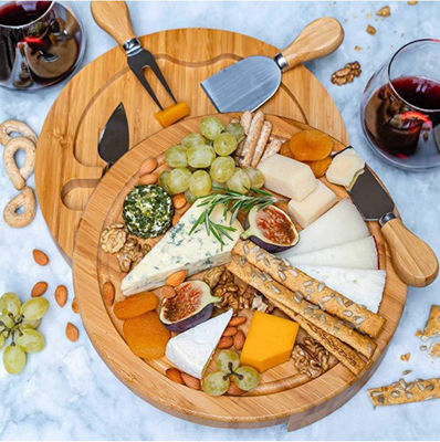 Round Bamboo Cheese Board and Charcuterie Board with Knife Set Pizza Tools Stocked