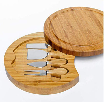 Round Bamboo Cheese Board and Charcuterie Board with Knife Set Pizza Tools Stocked