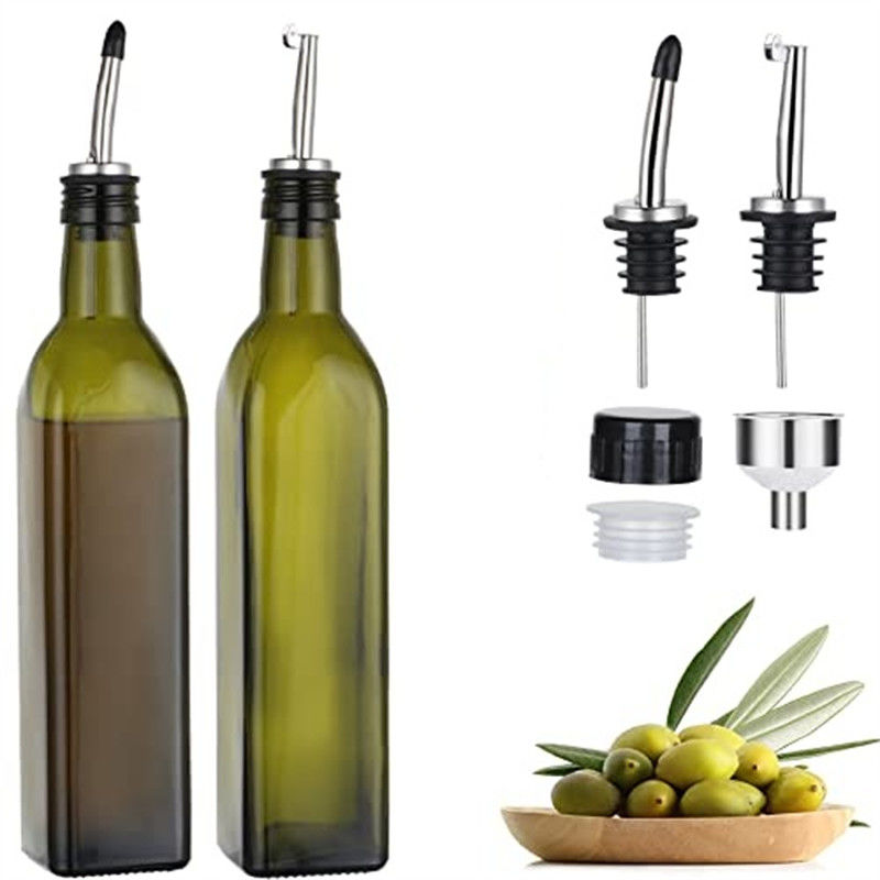 Glass Dark Green Kitchen Oil Bottle With Stainless Steel Spout Funnel Square 500ml 2pcs