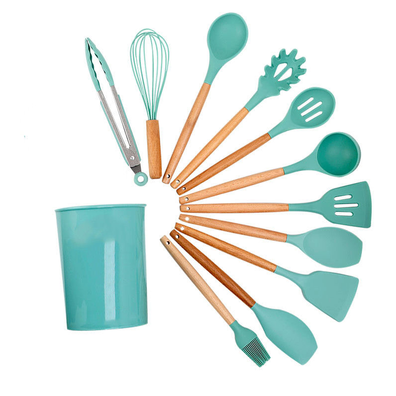 18-Piece Green Silicone Cookware Set with Storage Bucket Non-stick Spatula Included