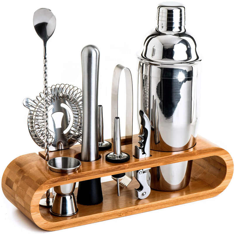 Minimalist Design 10 in 1 Stainless Steel Cocktail Shaker Set with Wooden Stand 750ml