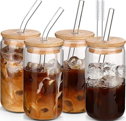 High Borosilicate Glass Mason Jar with Bamboo Lid and Straw 16oz Clear Glass Cups