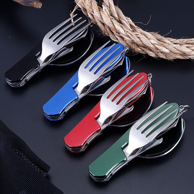 Foldable Camping Utensil Set Stainless Steel Spoon Fork Knife for Outdoor Activities