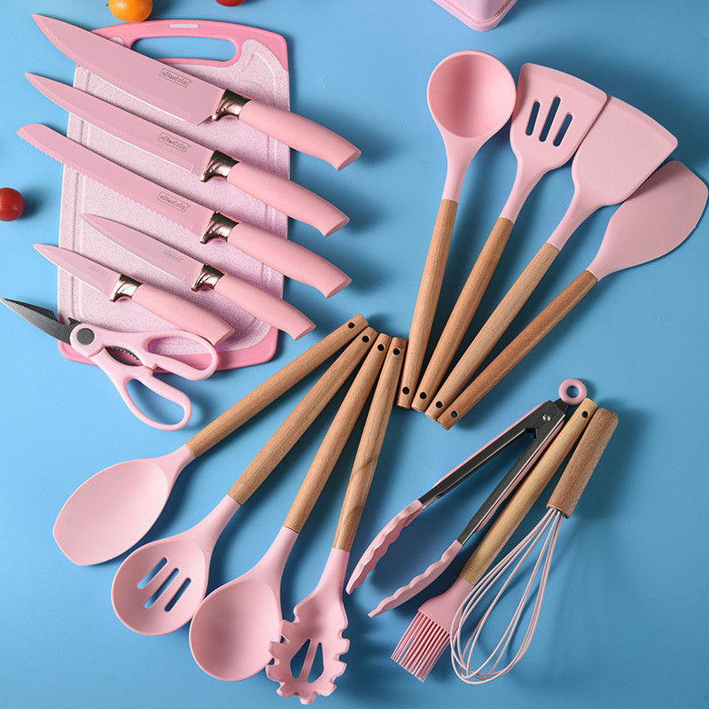 19 Pcs Wooden Handle Silicone Kitchenware Set for Cooking Tools and Stocked Restaurant