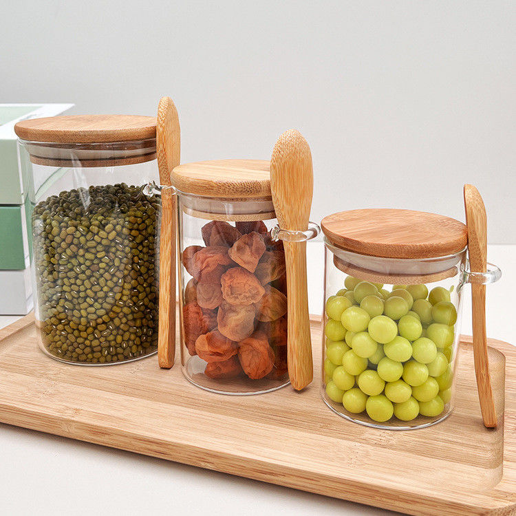 Food Round Glass Bamboo Jars with Lid and Spoon Candy Spices Coffee Beans Nuts Cookies