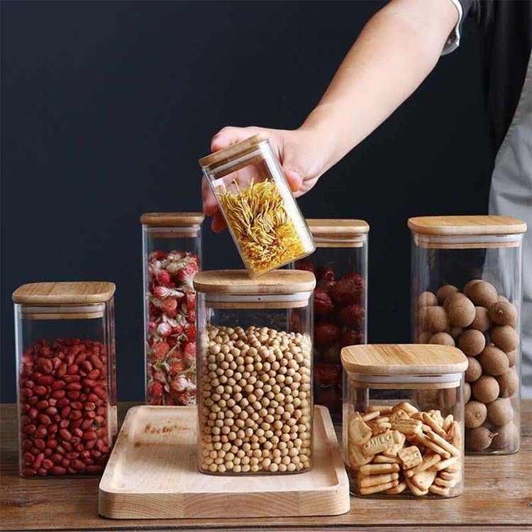 Modern Design Food Storage Container with Bamboo Wood Lid 300ml 500ml Spice Glass Jar