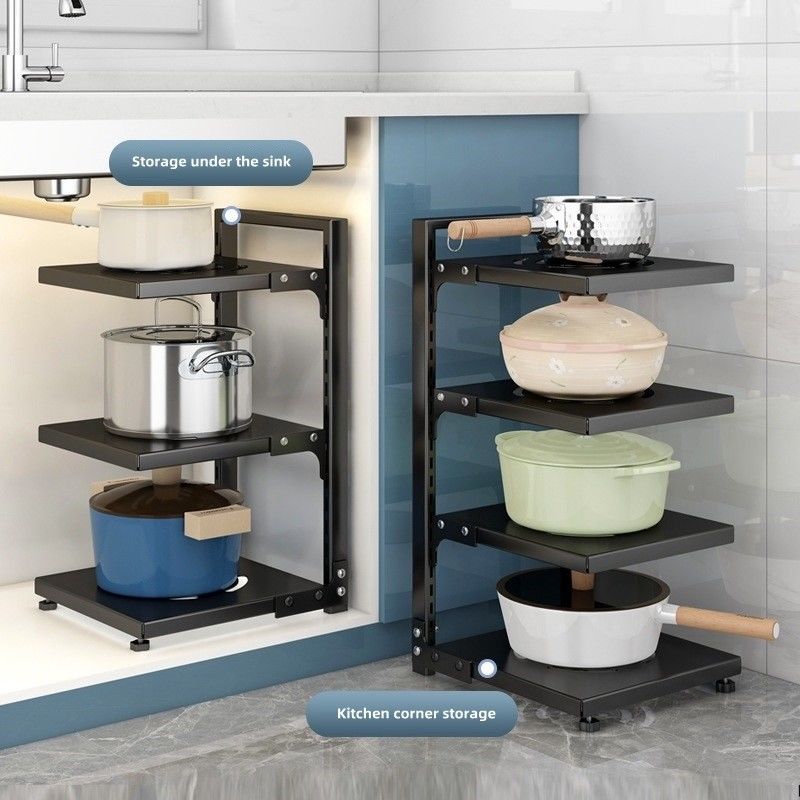 Functional Foldable Pot Rack Black Kitchen Sink Organizer for Adjustable Storage